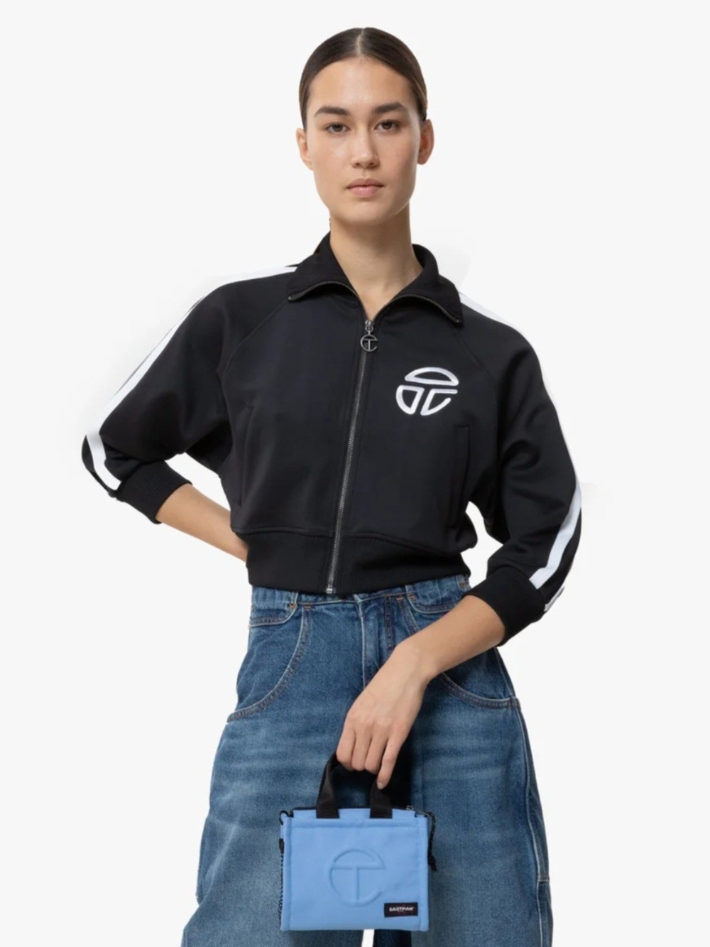 Telfar Black Cropped Bomber Jacket with White Stripes